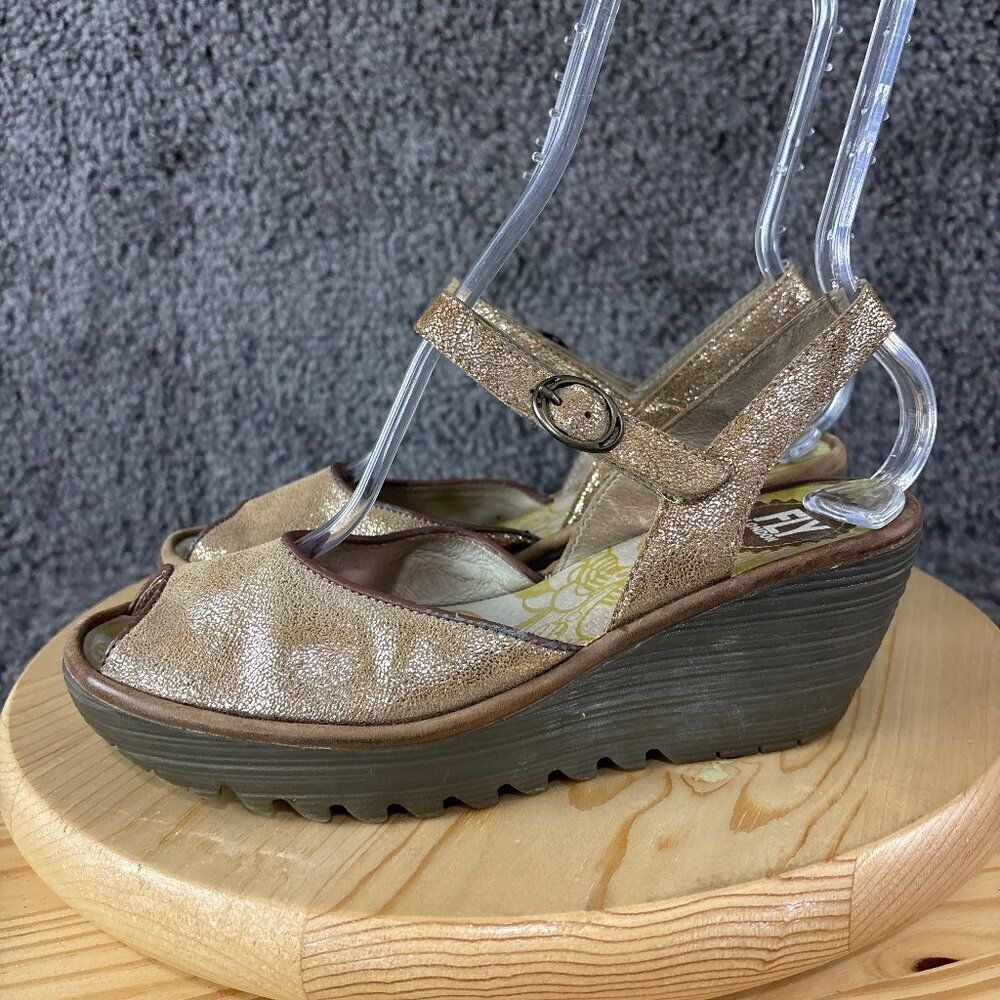 Fly London Yora Wedge Sandals Womens Size 8.5 Gold Peep Toe Chunky Platform Shoe